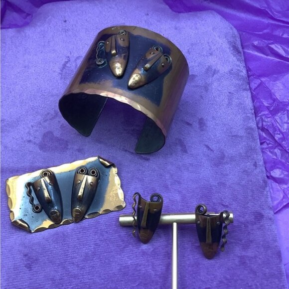 Vintage FRANCISCO REBAJES Brooch Earrings And Cuff Bracelet Copper - Picture 1 of 6